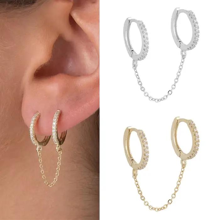 Boucles d'oreilles en argent Sterling 925 pour femmes, 1 pièce, Piercing à deux trous, cristal brillant, Zircon, 2 couleurs métalliques, chaîne, bijoux de fête