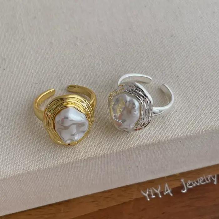 Minar French – bagues de cocktail ouvertes réglables en imitation perle baroque irrégulière pour femmes, en alliage de cuivre plaqué or véritable et argent