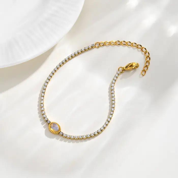 Bracelet Tennis en Acier Inoxydable Plaqué Or 18K avec Zircon et Pierres Naturelles Coquillages pour Femme