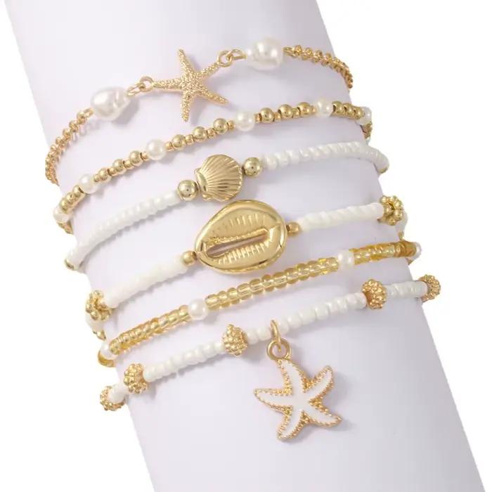 Ensemble de bracelets en perles de riz coquillage, multicouches, avec pendentifs étoile et étoile de mer, empilables, style bohème rétro, bijoux de plage
