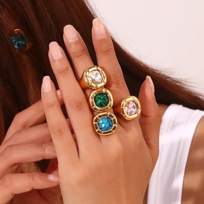 E.B.belle élégant arrondi carré Zircon fleur anneaux plaqué or bague en acier inoxydable femme quotidien étanche bijoux cadeau femmes