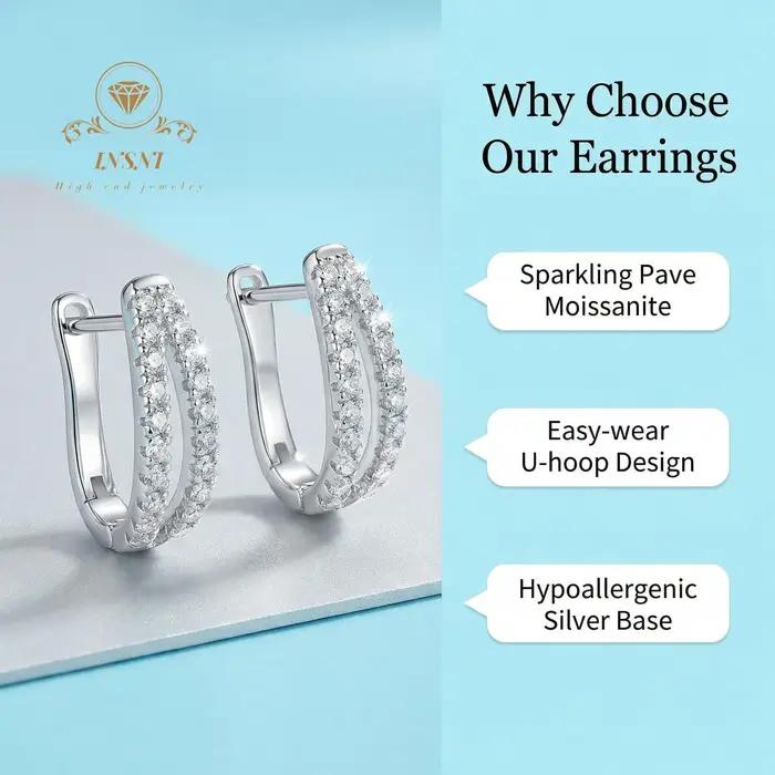 Boucles d'oreilles en argent en forme de U incrustées de moissanite et de diamants double rangée
