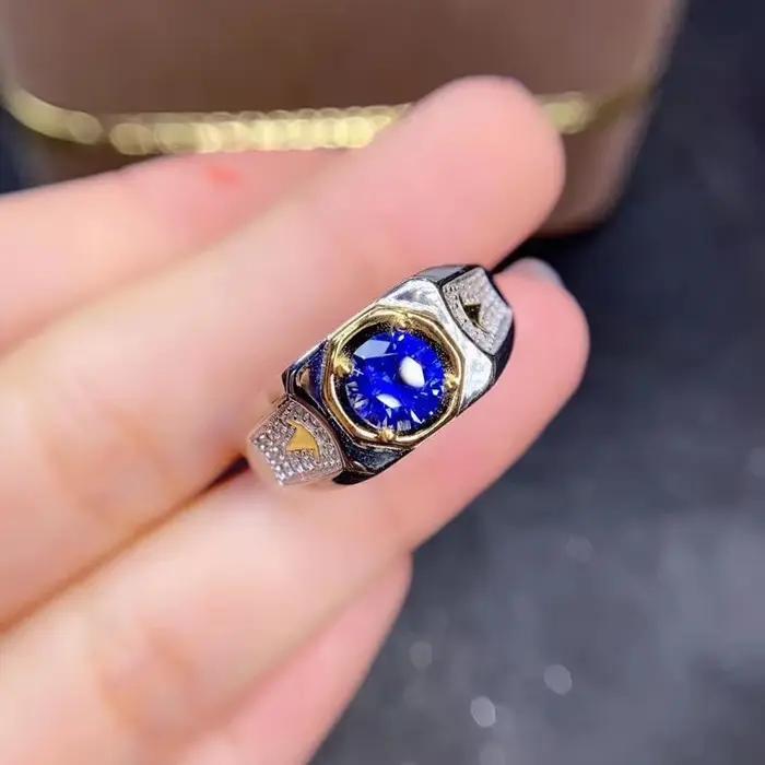Bague en argent 925 sertie de saphir bleu royal pour hommes, pierre précieuse naturelle, excellente coupe, alliance de mariage, cadeau d'anniversaire, soirée, cérémonie, entretien facile, certifiée CMA