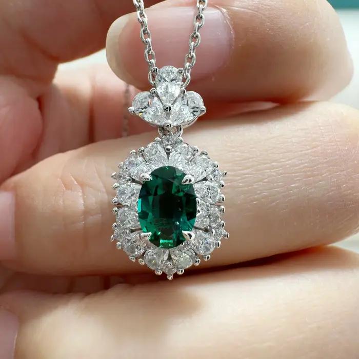 Collier pendentif en émeraude ovale de 1,5 carat, cultivée en laboratoire, pour femmes, bijoux en ar