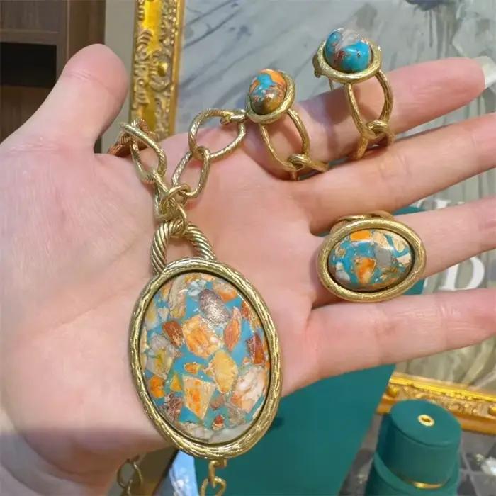 JOJewelry-Ensemble de boucles d'oreilles à clip ovales vintage pour femmes, carte nautique, collier pendentif, luxe, pierre naturelle, grand, 2024