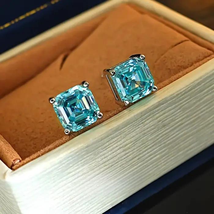 Boucles d'oreilles en argent 925, zircon bleu mer de 7mm, Asche Pagoda, petit carré, bonbon, petites et exquises, bijoux pour femmes