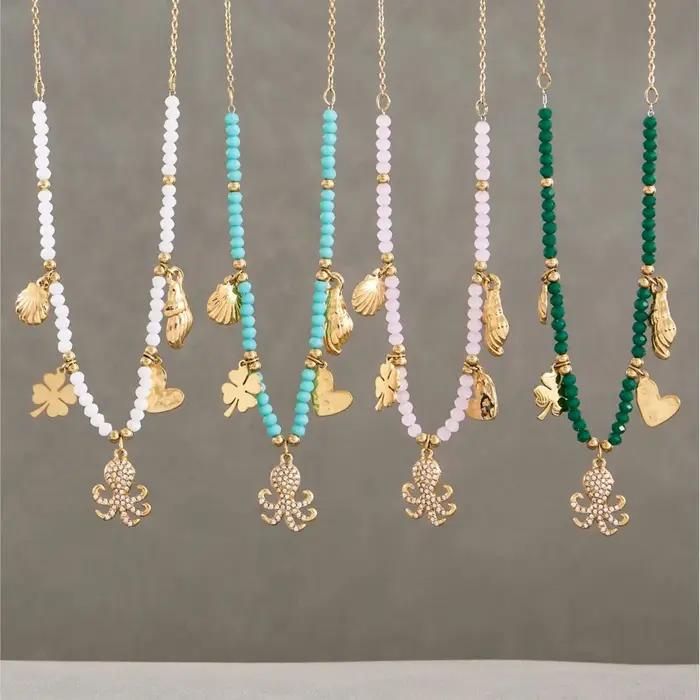 Collier de perles multicolores en acier inoxydable plaqué or 18 carats