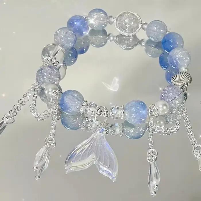Bracelets en perles de cristal de verre bleu clair pour femme, bracelets pendentif pompon papillon c