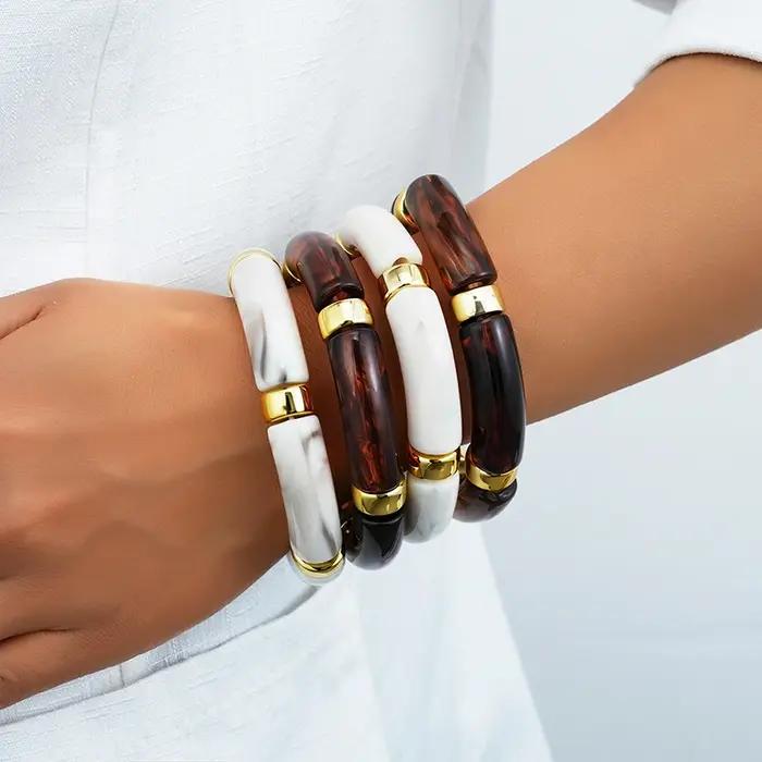 Ensemble de bracelets élastiques en acrylique en forme de nœud de bambou ambré pour femmes, bijoux r