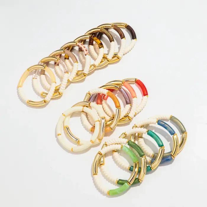 Bracelets à Main en Fil de Bambou Acrylique pour Femme Accessoire en Résine Empilable Tube Fin Perle Extensible Bijoux Cadeaux Occasions Spéciales