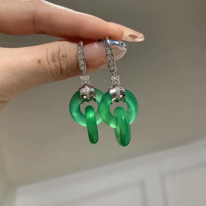 Boucles d'oreilles entrelacées fraîches en argent 925 incrusté de diamants, boucles d'oreilles verte