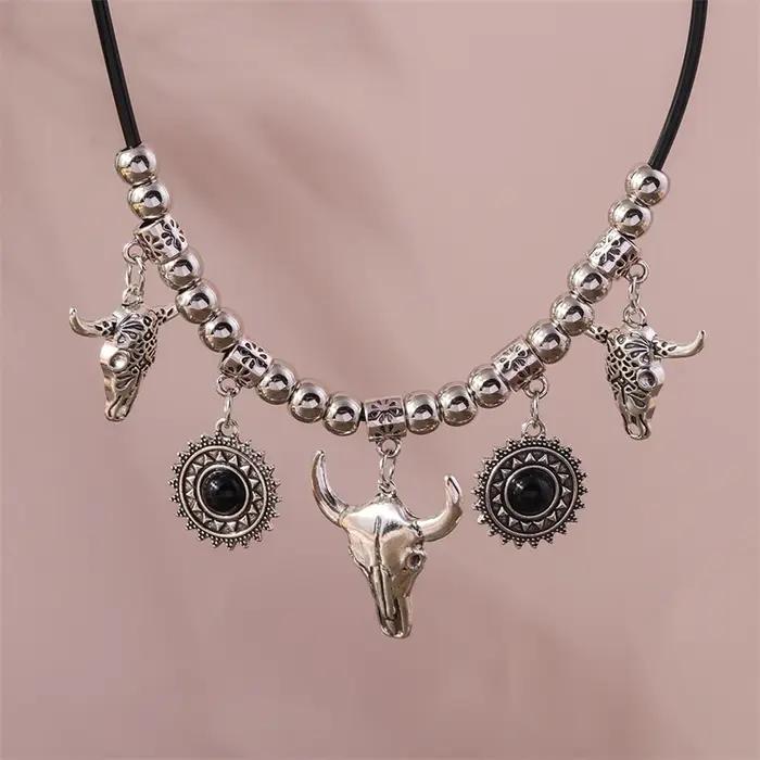 Collier bohème en alliage avec pendentif tête de taureau, pour femmes et filles, bijoux de fête, Fes