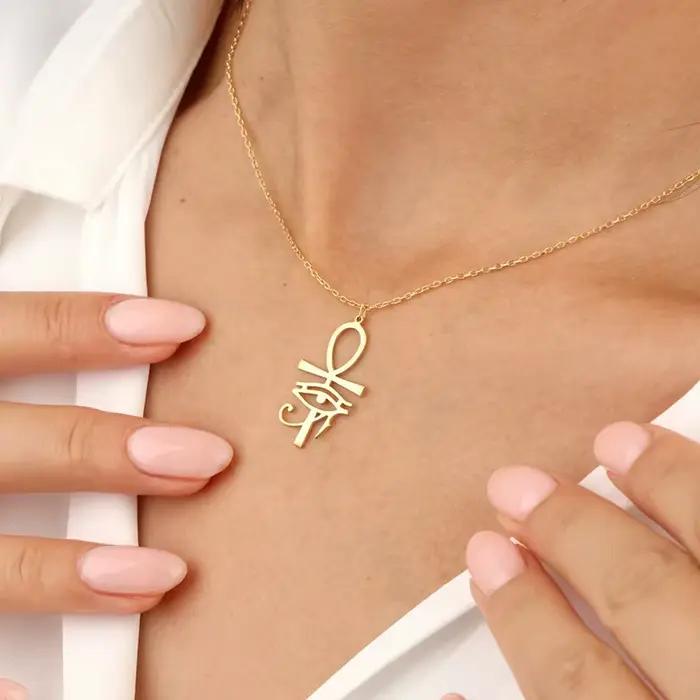 Collier classique avec pendentif œil d'horus Ankh plaqué or pour femmes
