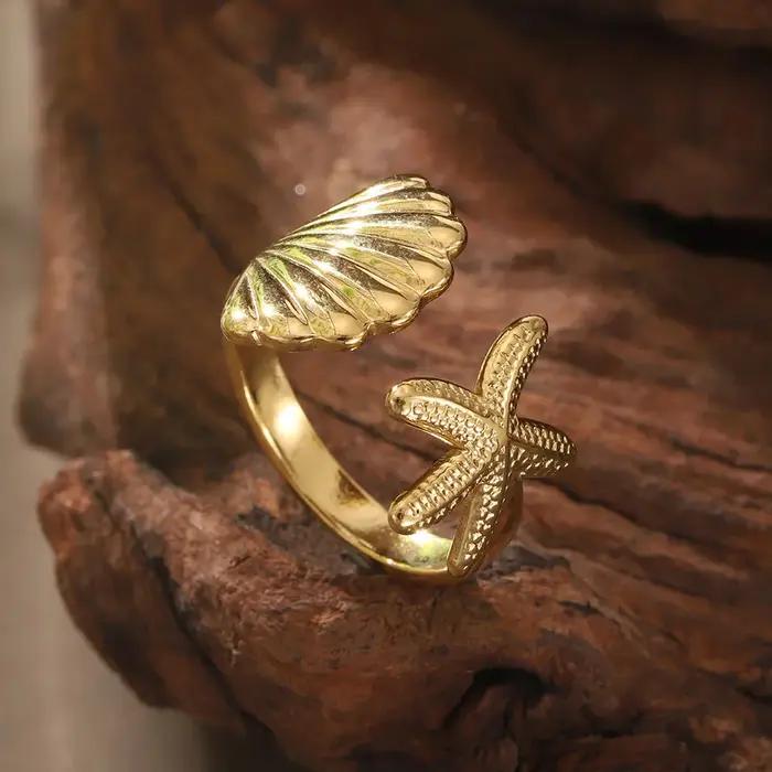 Bague hippocampe étoile de mer en acier inoxydable plaqué or pour femmes, cadeau idéal pour occasions spéciales comme les mariages, anniversaires et fêtes