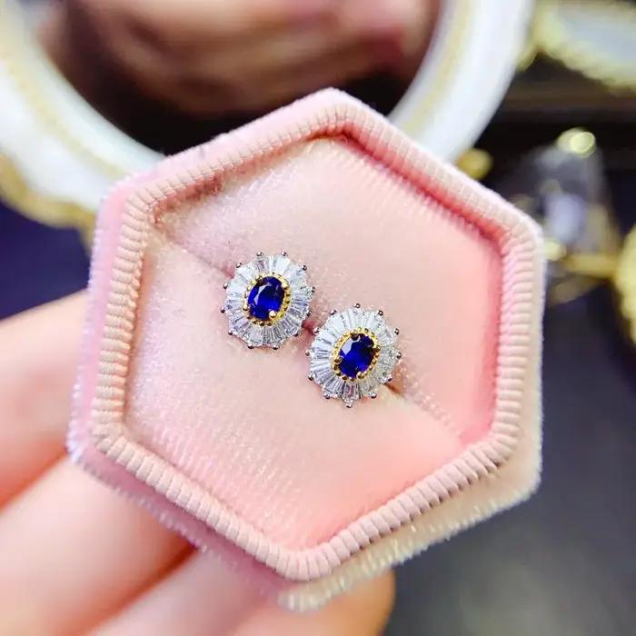 Boucles d'oreilles à clous en saphir naturel pour femme, argent sterling 925, élégantes pour les occasions spéciales, cadeaux d'anniversaire, tenues de tous les jours