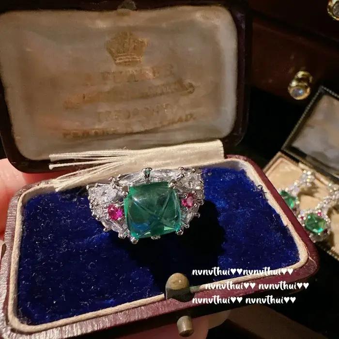Ensemble de bijoux émeraude de laboratoire de tourmaline vintage de luxe pour femmes, plaqué platine