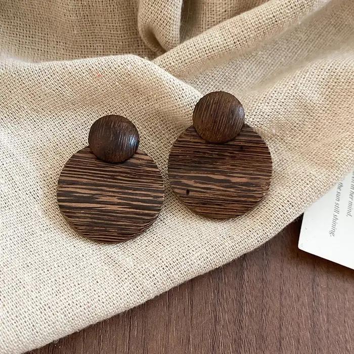 Boucles d'oreilles rondes géométriques bohème Vintage en bois pour femmes