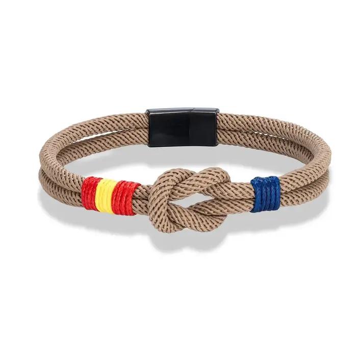 Bracelet drapeau espagnol – Corde double couche tissée à la main avec boucle magnétique en acier inoxydable noir, bijoux de couple pour hommes et femmes