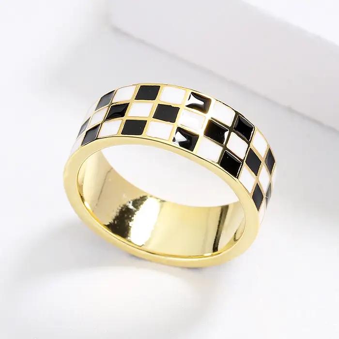 Bague coréenne en forme de goutte d'huile anneau à carreaux noir blanc pour femmes occasions spéciales mariage engagement