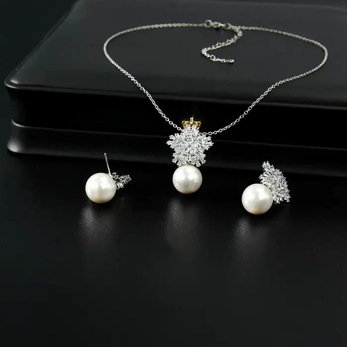Boucles d'oreilles en zircon avec perle simulée ensemble de bijoux classique pour femmes élégantes occasions de dîner de gala