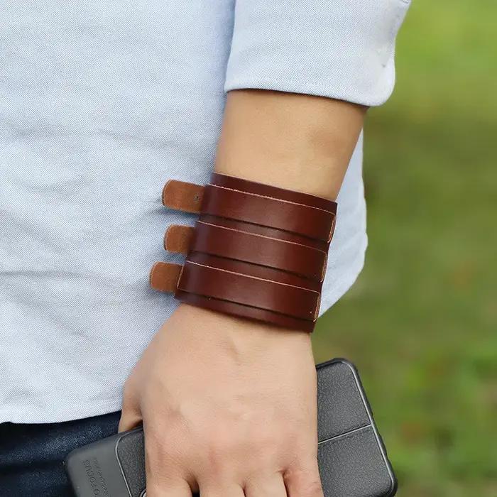 KOTik 2024 nouvelle mode en cuir véritable large manchette Bracelets Punk Vintage trois couches