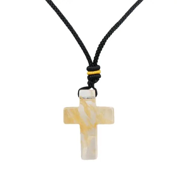Collier pendentif en pierre précieuse en forme de croix Labradorite 22x30mm avec collier pendentif en corde en cuir noir