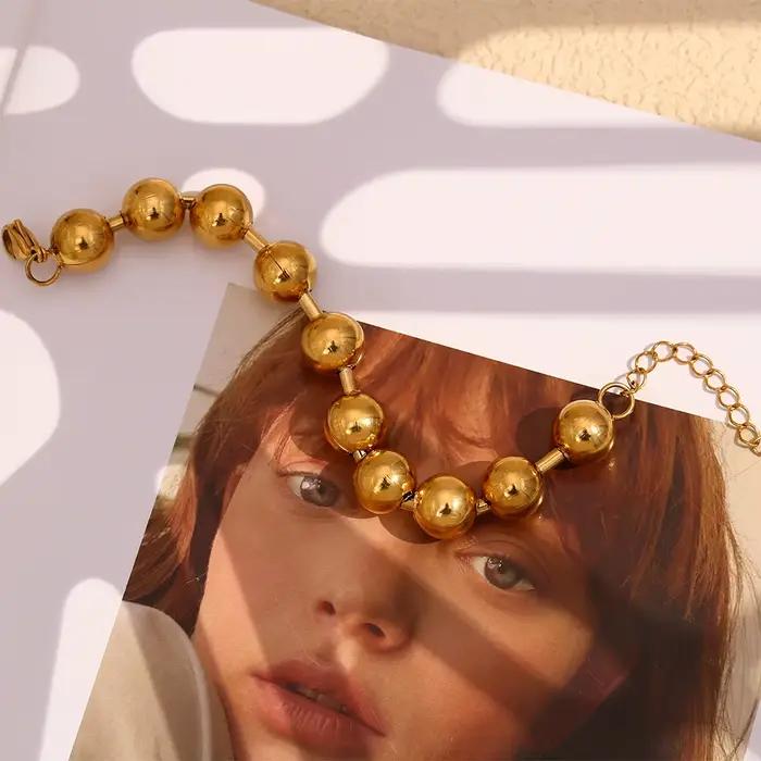 La Muses – Bracelet chaîne de perles rondes exagérées pour femmes, en acier inoxydable, plaqué or PVD 18K, bijoux étanches, cadeaux