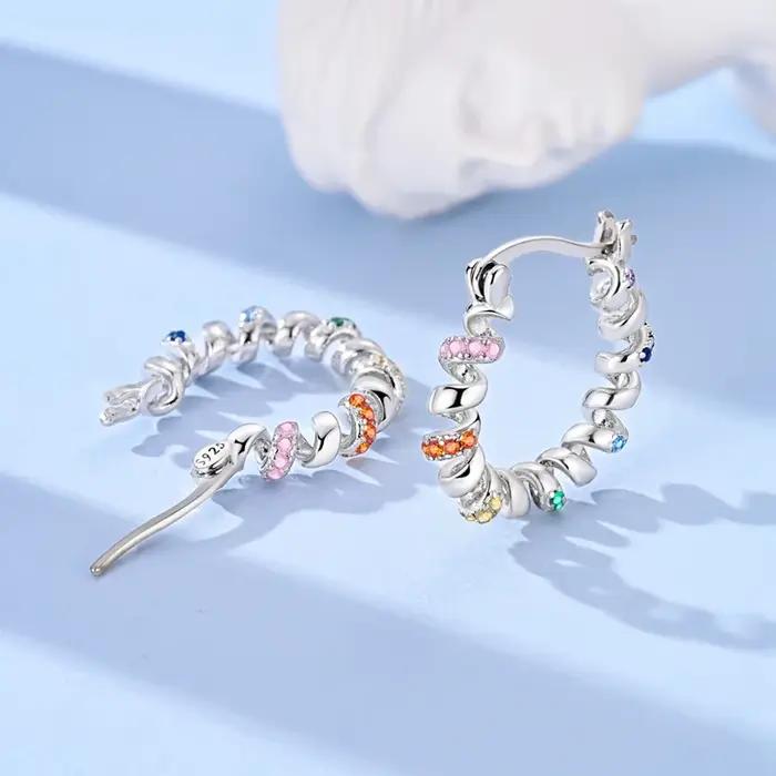 Boucles d'oreilles en argent sterling 925 spirales colorées pour femmes bijoux de mariage et anniversaire élégants à offrir