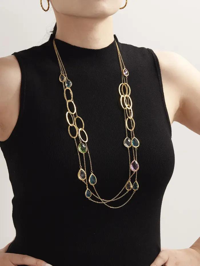 Collier chaîne de pull longue en acier inoxydable plaqué or avec gouttelettes brillantes et pierre de verre à facettes pour femmes occasions spéciales