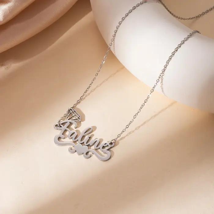 Collier personnalisé avec nom, pendentif en diamant personnalisé, acier inoxydable, or, argent, cade