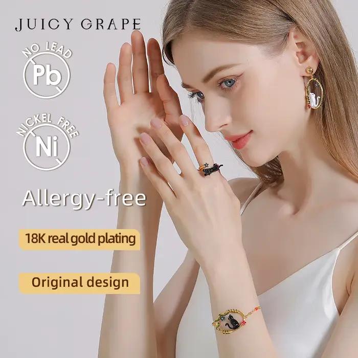 Bague réglable en émail plaqué or 18 carats fait à la main avec chat noir juteux