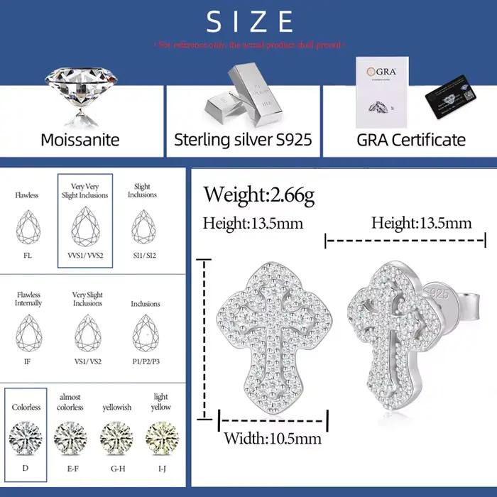Boucles d'oreilles en argent sterling 925 sertie de Moissonite croix élégantes et unisexes pour femmes et hommes occasions spéciales mariage fêtes quotidiennes