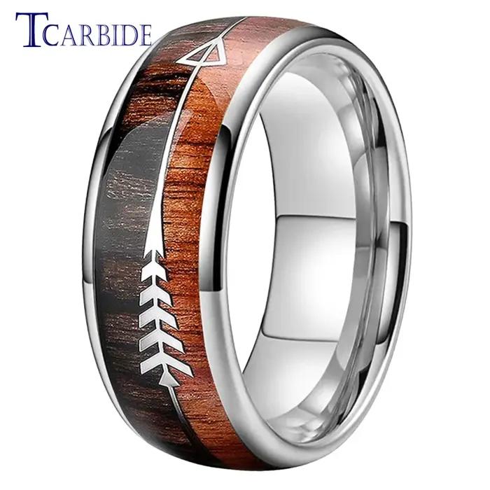 Bague en carbure de tungstène 6MM 8MM pour hommes et femmes avec incrustation double bois et flèche