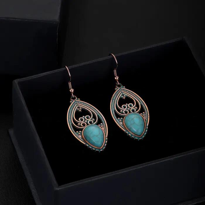 Antique nouvelle pierre bleue Turquoise boucle d'oreille pour les femmes Boho mode Bronze géométrique goutte d'eau fleur boucles d'oreilles Jhumka