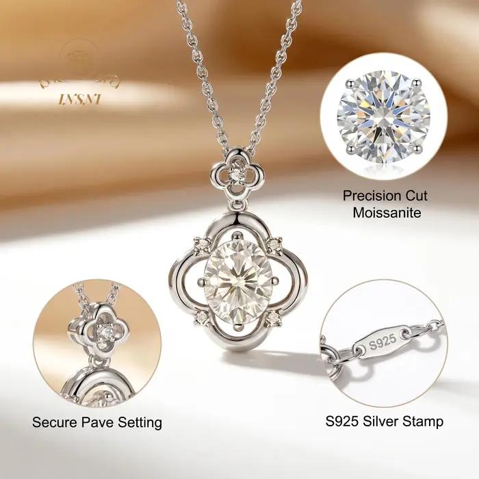 Collier trèfle en argent S925 avec moissanite ovale 3 carats