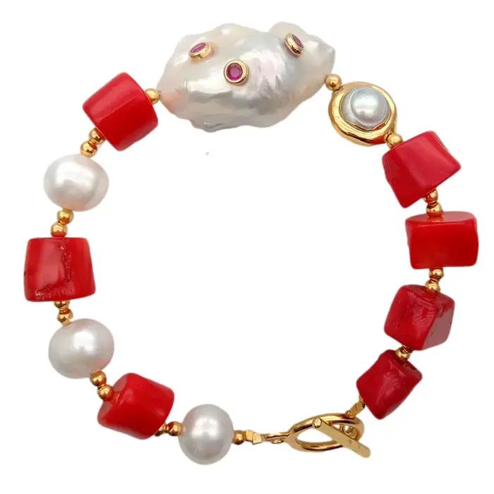 Bracelet perle de culture blanche rouge, perle Keshi, bracelet pavé Cz, fermoir interdit, lieux de m