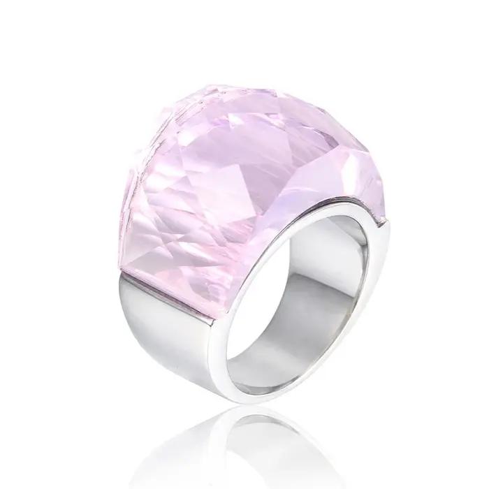 Bague de fiançailles en acier inoxydable avec grande pierre de verre cristal colorée rose pour femmes, bijou de fête et cadeau romantique
