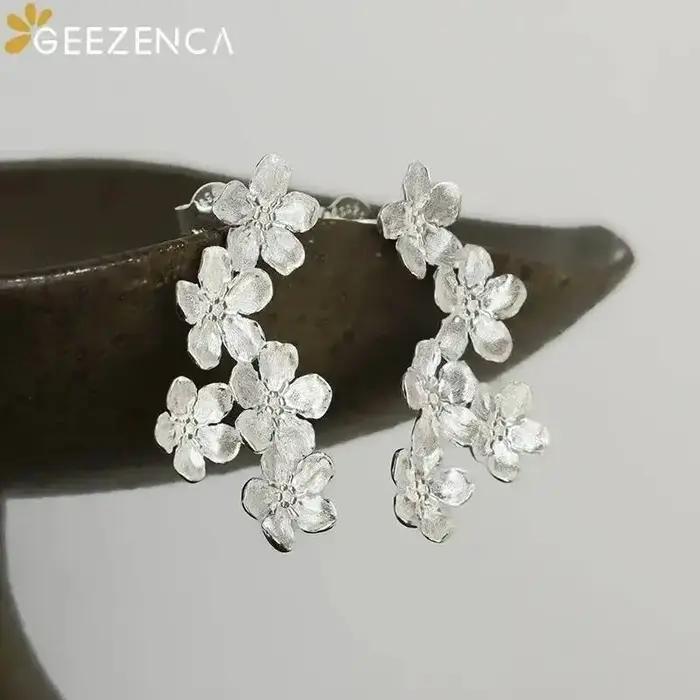 GEEZENCA bijoux brossés 925 en argent Sterling 3D fleur boucles d'oreilles femmes délicat concepteur à la mode déclaration boucle d'oreille cadeau de fête