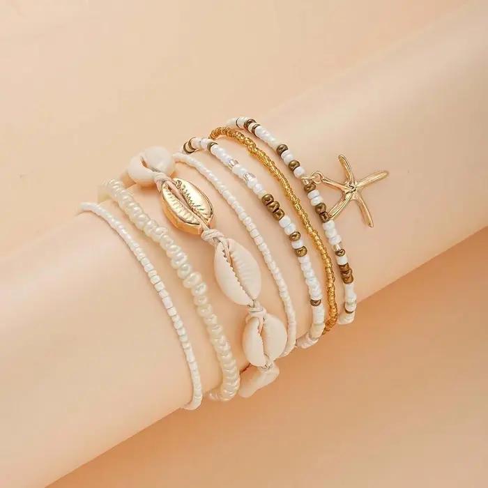 Ensemble de bracelets de cheville réglables en or plaqué avec motifs de coquilles de plage et étoiles de mer pour femmes occassions estivales et cadeaux
