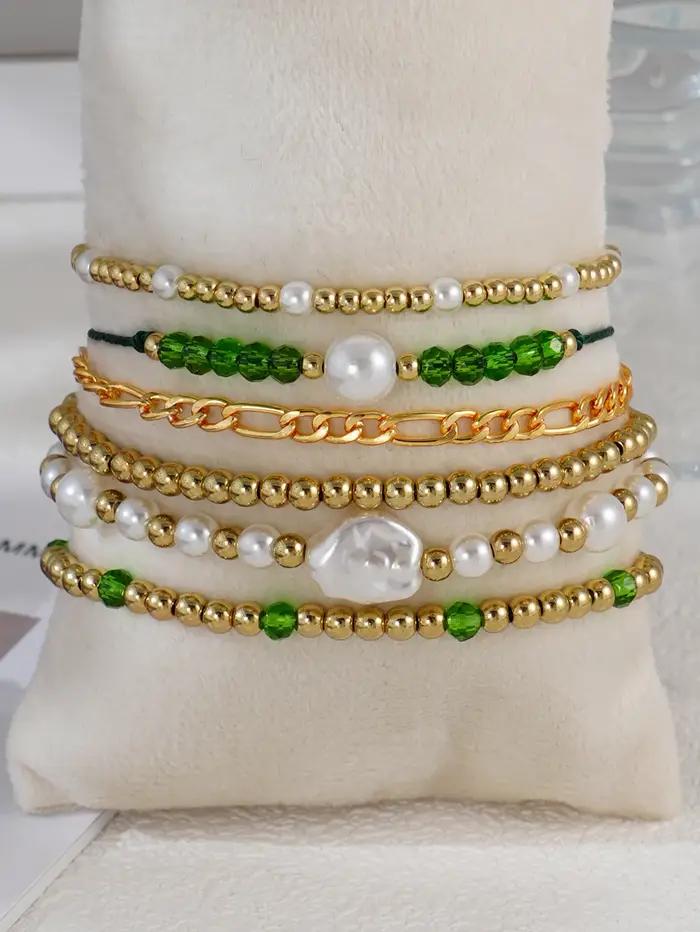 Lot de 6 bracelets bohèmes verts en perles d'imitation de cristal