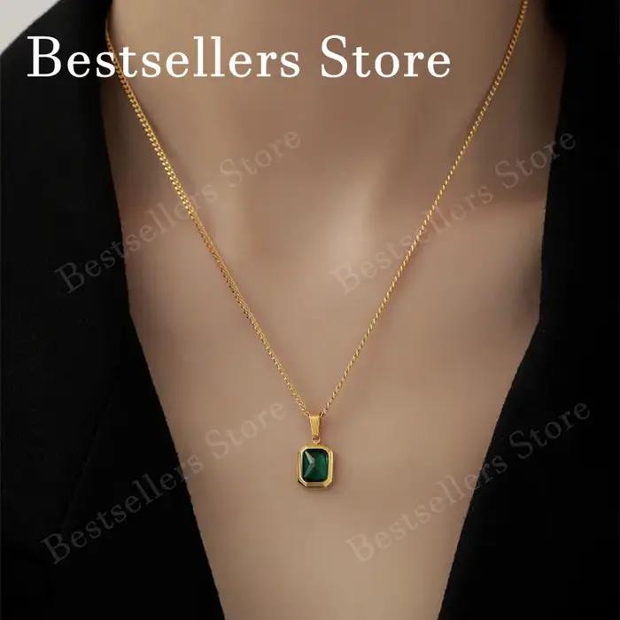 Collier à breloques en argent sterling 925 de 18 pouces avec émeraude et zircon – Bijou élégant