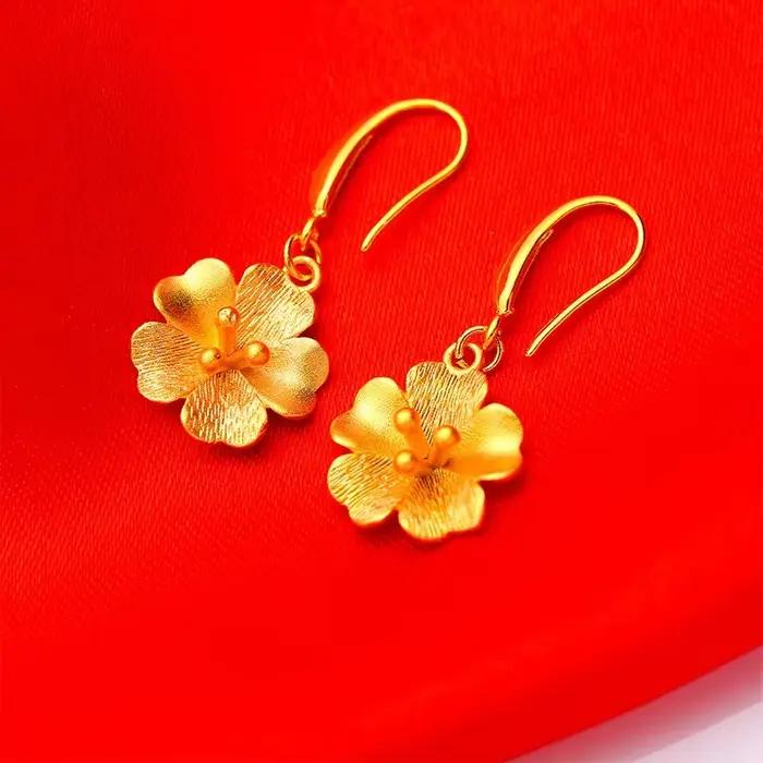 Véritable 18k couleur or fleur longue boucle d'oreille pour les femmes mariée mariage usage quotidien plaqué or boucle d'oreille bijoux cadeaux