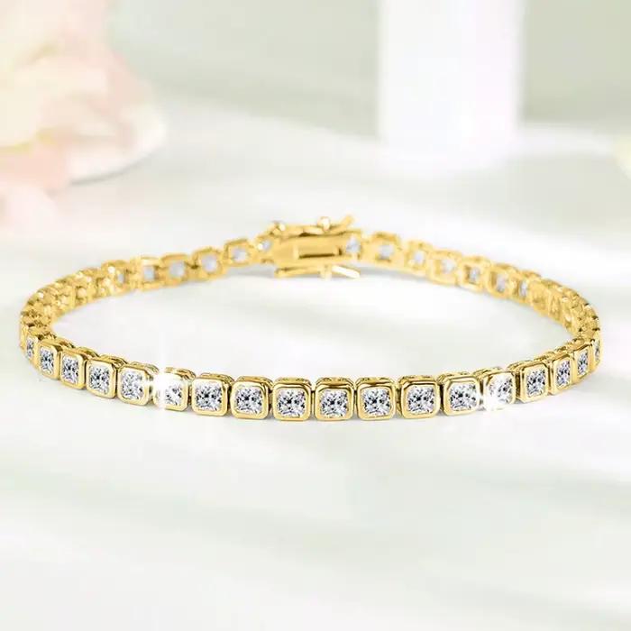 Bracelet jonc en or 14 carats fait main avec diamants de laboratoire de 3 mm, bracelets de fiançailles et de mariage pour femmes, bijoux tendance pour mariée et soirée