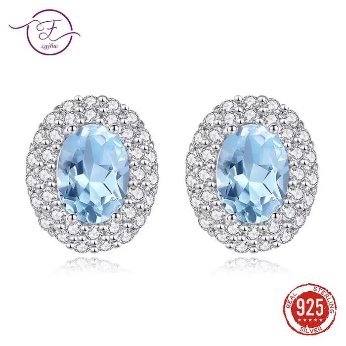 Boucles d'oreilles en argent Sterling 925 avec topaze bleue pour femmes, coupe ovale, cristal naturel, bijoux fins classiques, cadeau de mariage FCGJHW