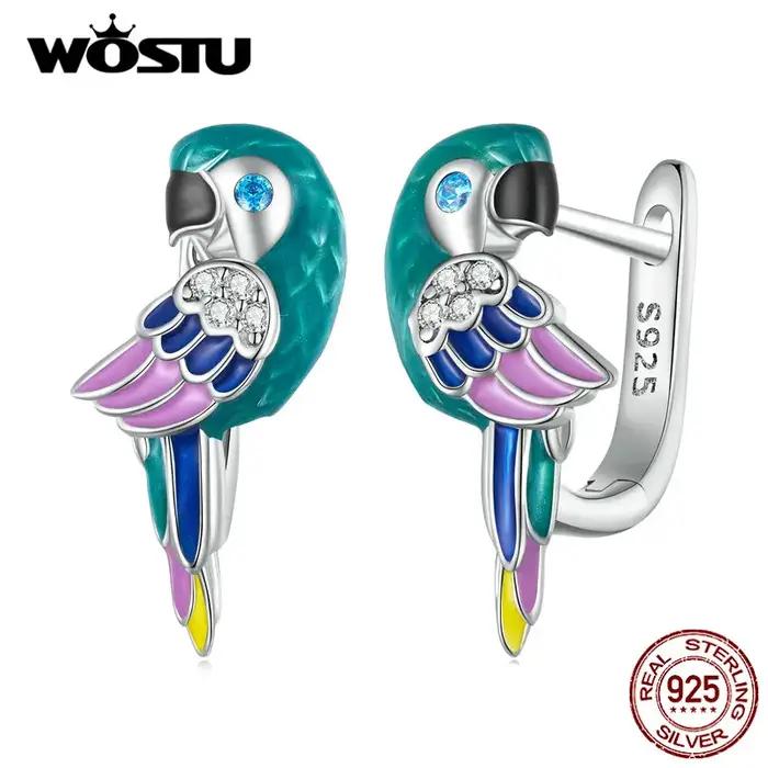 WOSTU 925 en argent Sterling arc-en-ciel perroquet boucles d'oreilles pour les femmes mignon animal de compagnie oiseau CZ oreille Clips fille anniversaire bijoux cadeau de famille