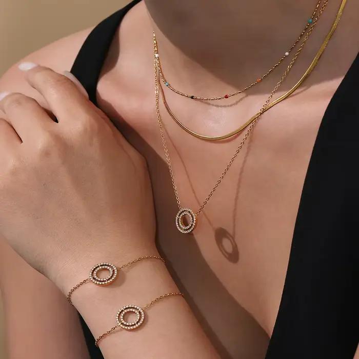 Collier et Bracelet exquis pour femmes, cercle rond en Zircon, acier inoxydable plaqué or, chaîne étanche, breloque, bijoux de luxe, cadeau