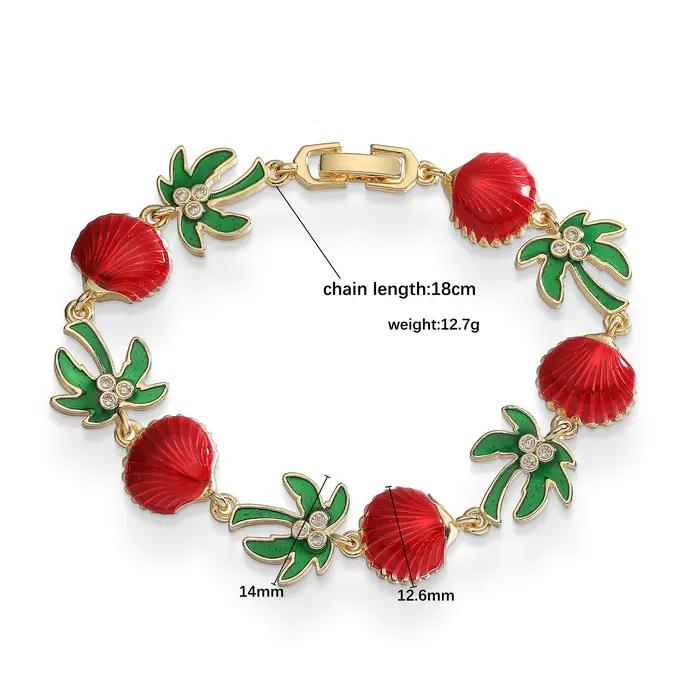Bracelet rétro en émail vert avec pendentif motif palmier et cocotier