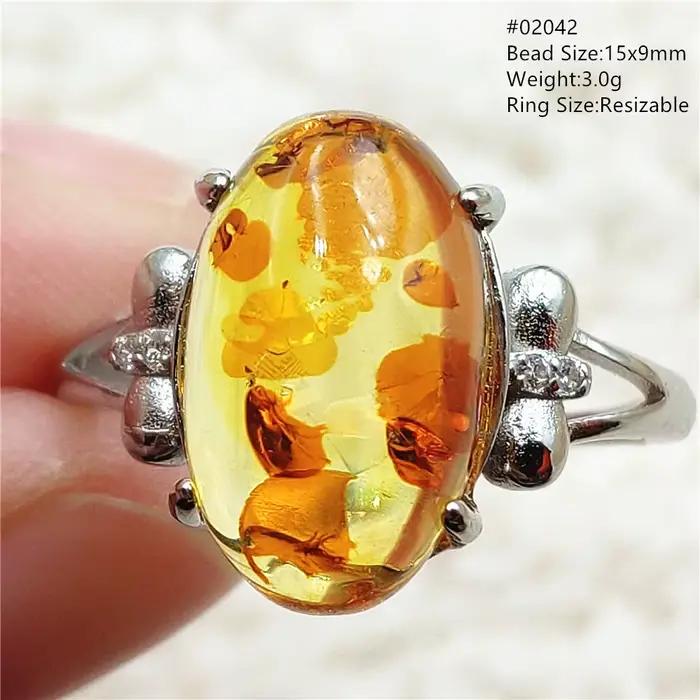 Bague réglable en ambre jaune Piebald naturel pour femme