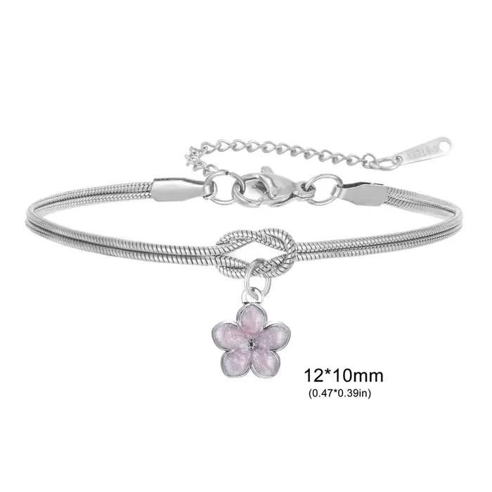 Bracelet à breloques en forme de fleur en émail pour femmes, en acier inoxydable, couleur or, nœud d
