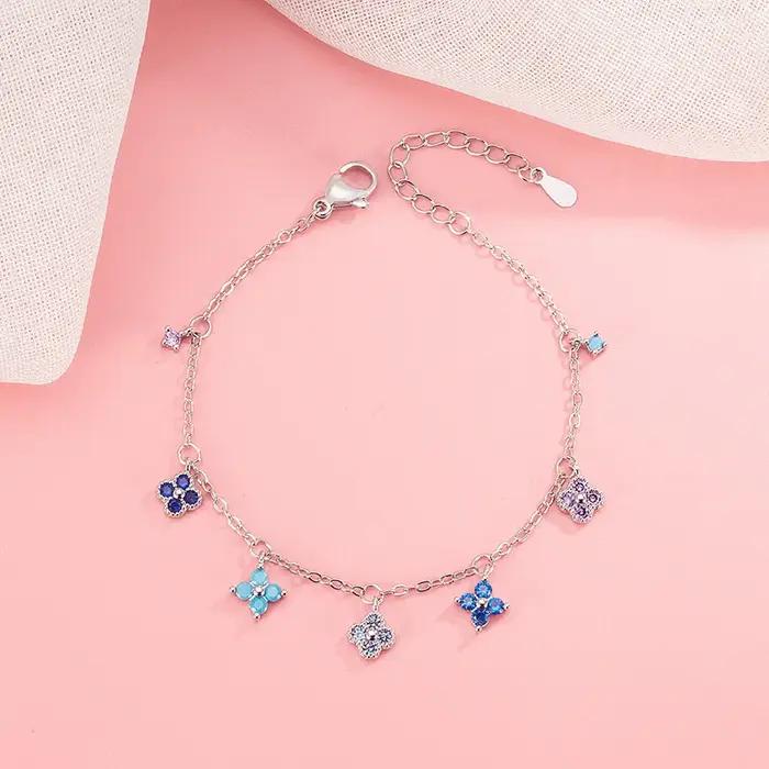 Bracelet et Chevillère en Argent Sterling 925 Nouveau Trèfle à Quatre Feuilles Multicolore Diamant Scintillant Accessoires de Collier Cadeau Occasions Spéciales